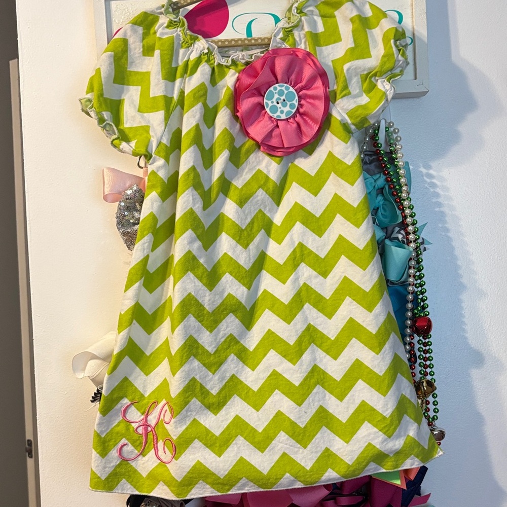 Green and White Chevron Dress with Pink “K” Monogram